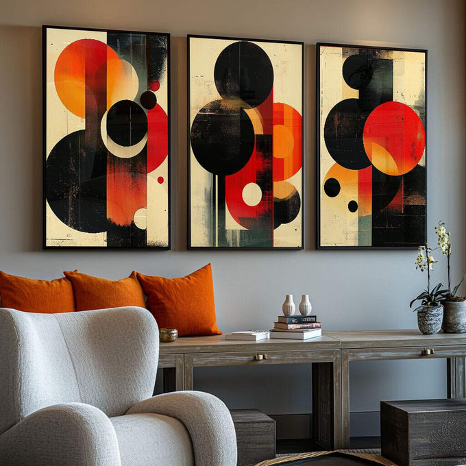 Quadro Decorativo Abstrato em Tons Quentes - quadros decorativos para sala 1 Tela Vertical, 3 Telas - em ambiente decorado