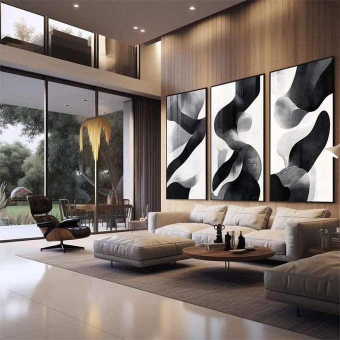 Quadro Decorativo Minimalista Abstrato Preto e Branco - quadros decorativos para sala 1 Tela Vertical, 3 Telas - em quarto contemporaneo