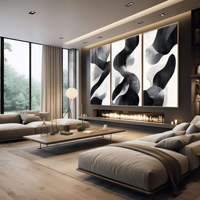 Quadro Decorativo Minimalista Abstrato Preto e Branco - quadros decorativos 1 Tela Vertical, 3 Telas - em escritorio elegante