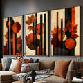 Quadro Decorativo Abstrato com Folhas Alaranjadas - quadros decorativos para sala 1 Tela Vertical, 3 Telas - em ambiente decorado