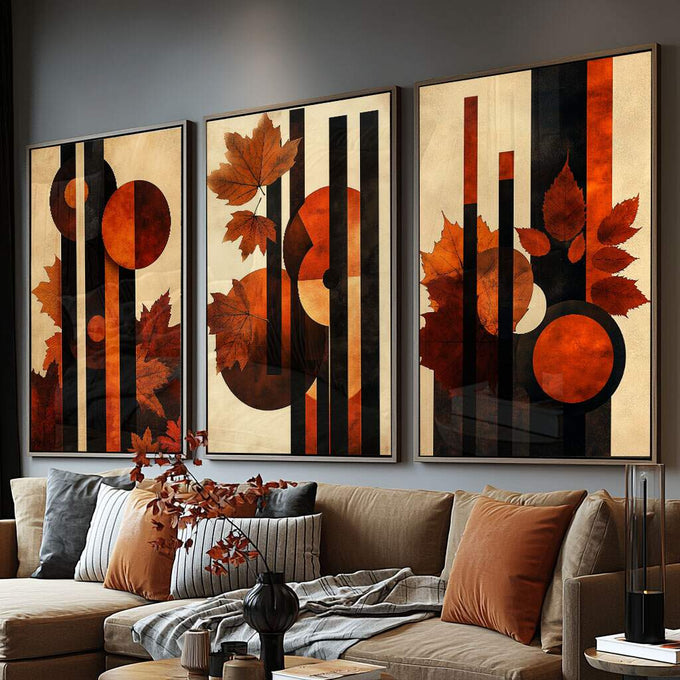 Quadro Decorativo Abstrato com Folhas Alaranjadas - quadros decorativos para sala 1 Tela Vertical, 3 Telas - em ambiente decorado