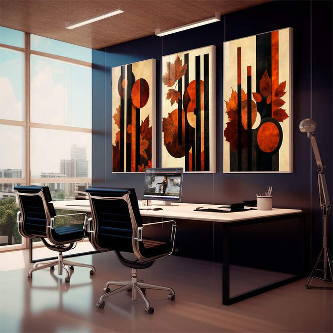Quadro Decorativo Abstrato com Folhas Alaranjadas - quadros decorativos 1 Tela Vertical, 3 Telas - em sala moderna
