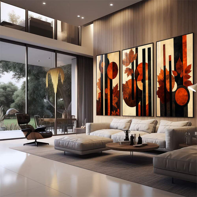 Quadro Decorativo Abstrato com Folhas Alaranjadas - quadros decorativos para sala 1 Tela Vertical, 3 Telas - em quarto contemporaneo