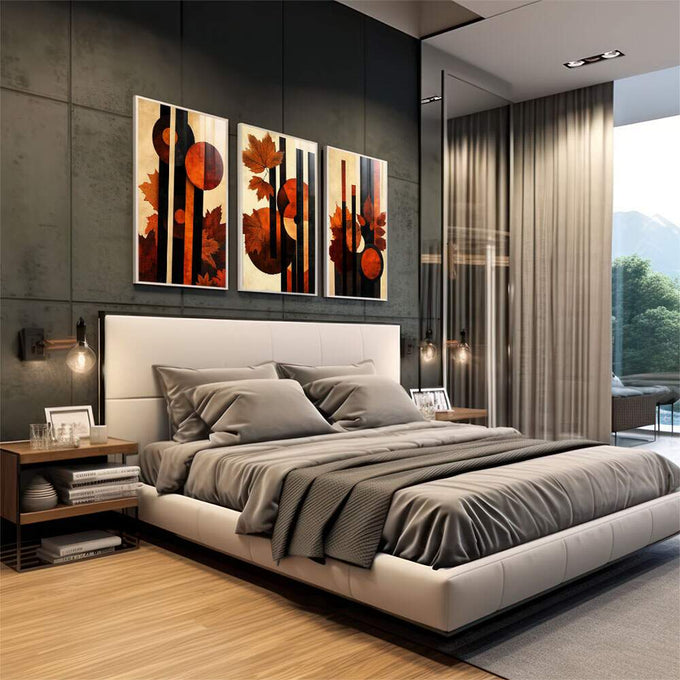 Quadro Decorativo Abstrato com Folhas Alaranjadas - quadros decorativos para sala 1 Tela Vertical, 3 Telas - em living room premium