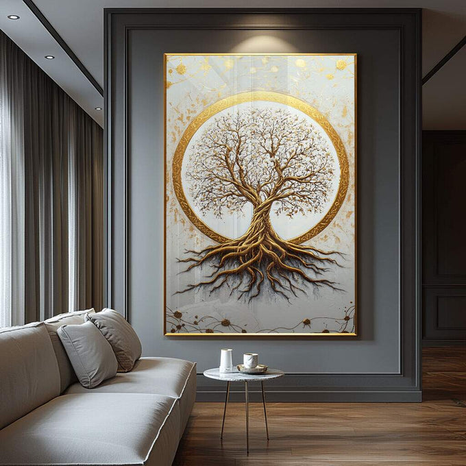 Quadro Decorativo Árvore da Vida Dourada - quadros decorativos para sala 1 Tela Vertical, 3 Telas - em ambiente decorado