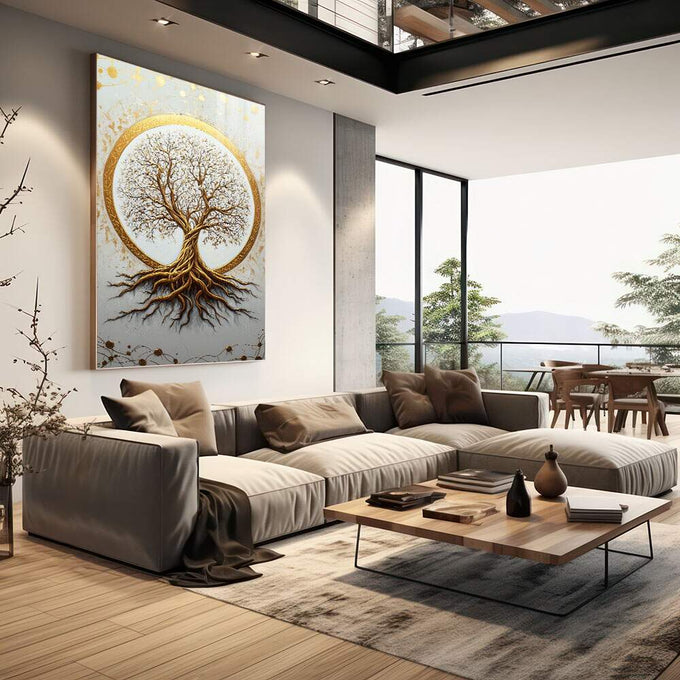 Quadro Decorativo Árvore da Vida Dourada - quadros decorativos 1 Tela Vertical, 3 Telas - em sala moderna