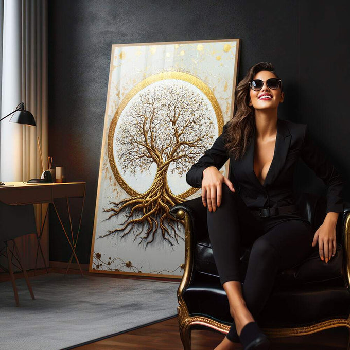 Quadro Decorativo Árvore da Vida Dourada - quadros decorativos 1 Tela Vertical, 3 Telas - em escritorio elegante