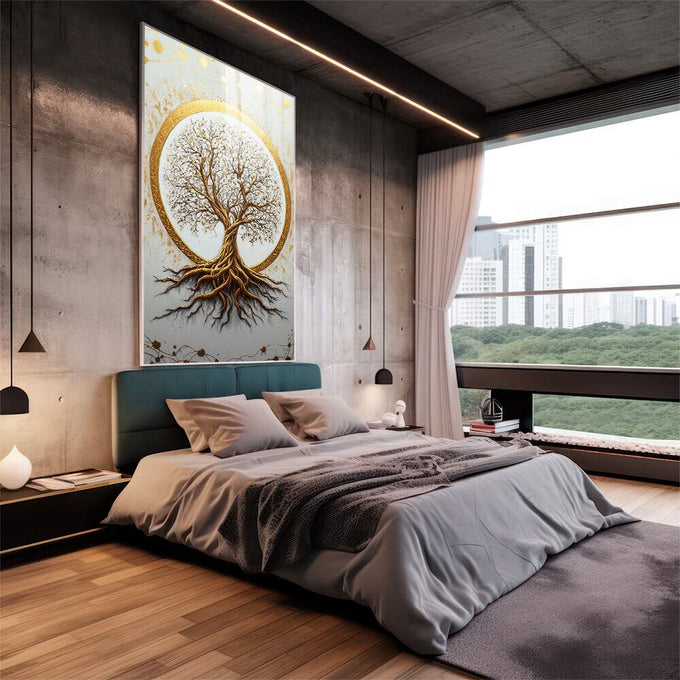Quadro Decorativo Árvore da Vida Dourada - quadros decorativos para sala 1 Tela Vertical, 3 Telas - em living room premium