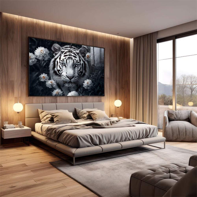 Quadro Decorativo Animal - Tigre Branco - quadros decorativos para sala 1 Tela, 1 Tela Horizontal - em quarto contemporaneo