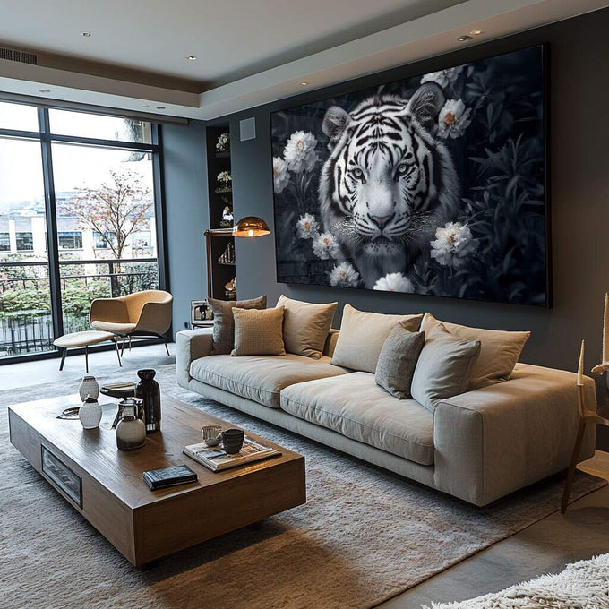 Quadro Decorativo Animal - Tigre Branco - quadros decorativos para sala 1 Tela, 1 Tela Horizontal - em ambiente decorado