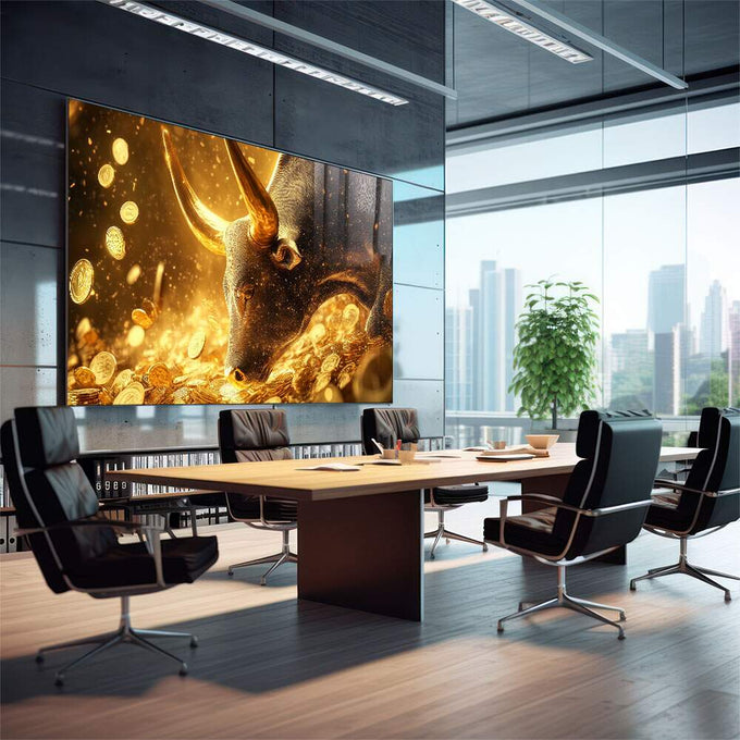 Quadro Decorativo Touro do Bitcoin - quadros decorativos 1 Tela, 1 Tela Horizontal - em sala moderna