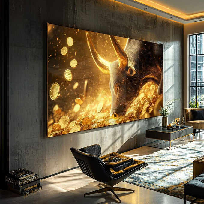 Quadro Decorativo Touro do Bitcoin - quadros decorativos para sala 1 Tela, 1 Tela Horizontal - em ambiente decorado