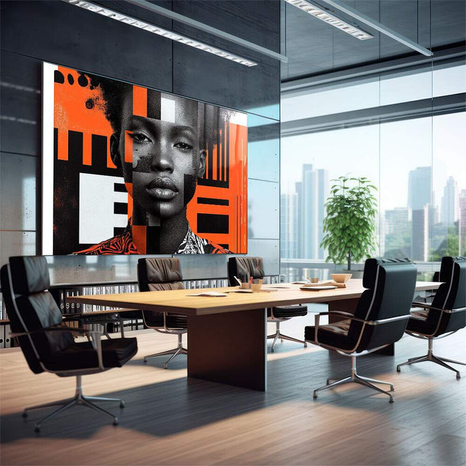 Quadro Decorativo Abstrato Mulher - Elegante em Tons Laranja - quadros decorativos 1 Tela, 1 Tela Horizontal - em sala moderna