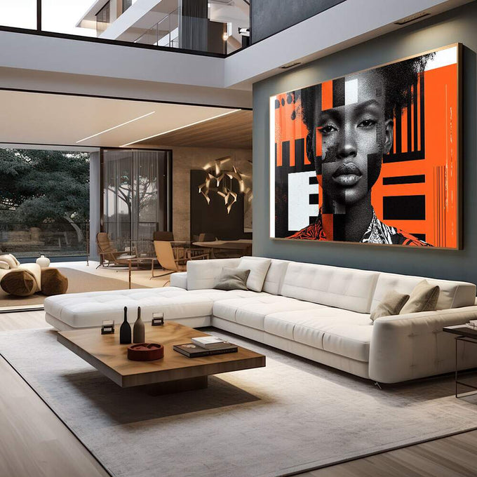 Quadro Decorativo Abstrato Mulher - Elegante em Tons Laranja - quadros decorativos 1 Tela, 1 Tela Horizontal - em escritorio elegante