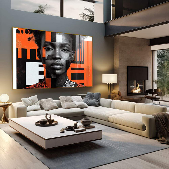 Quadro Decorativo Abstrato Mulher - Elegante em Tons Laranja - quadros decorativos para sala 1 Tela, 1 Tela Horizontal - em living room premium