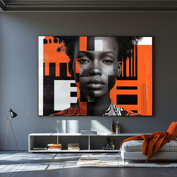 Quadro Decorativo Abstrato Mulher - Elegante em Tons Laranja - quadros decorativos para sala 1 Tela, 1 Tela Horizontal - em ambiente decorado