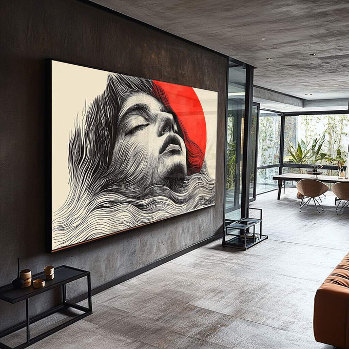 Quadro Decorativo Mulher Abstrato em Tons Alaranjados - quadros decorativos para sala 1 Tela, 1 Tela Horizontal - em ambiente decorado