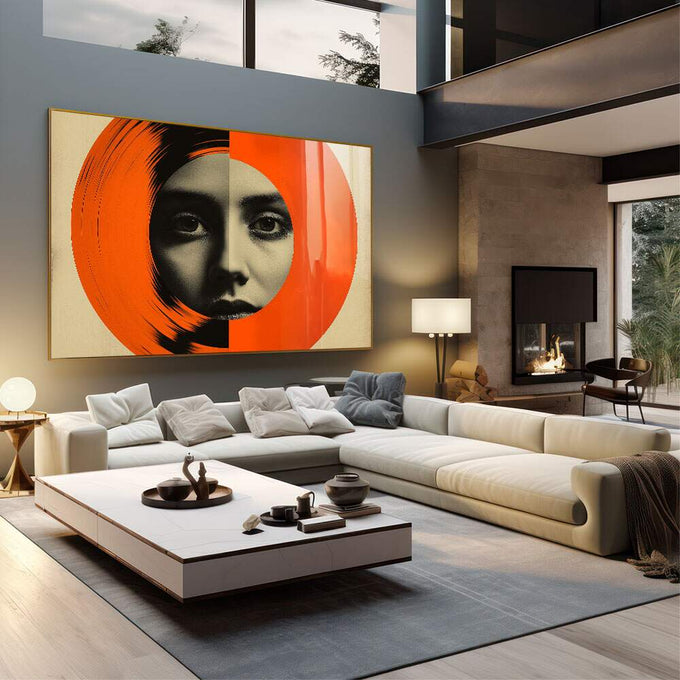 Quadro Decorativo Mulher Abstrato com Círculo Laranja - quadros decorativos 1 Tela, 1 Tela Horizontal - em sala moderna