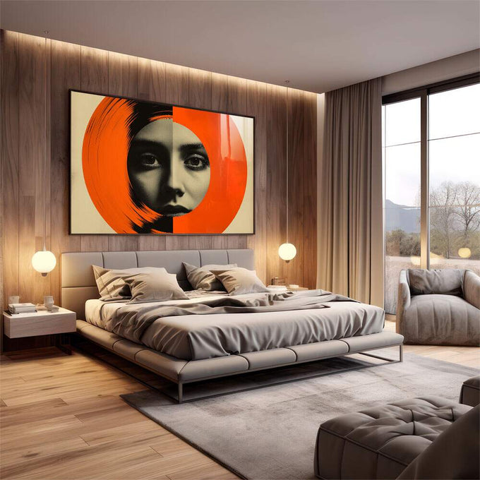 Quadro Decorativo Mulher Abstrato com Círculo Laranja - quadros decorativos 1 Tela, 1 Tela Horizontal - em escritorio elegante