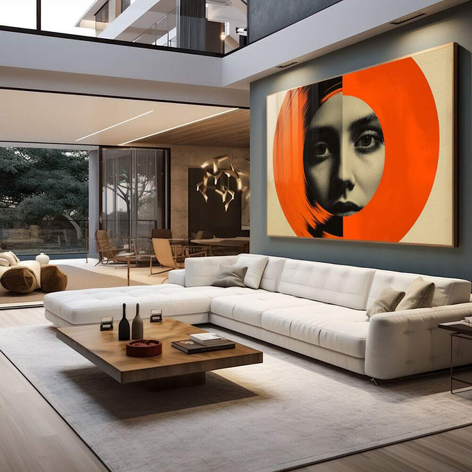 Quadro Decorativo Mulher Abstrato com Círculo Laranja - quadros decorativos para sala 1 Tela, 1 Tela Horizontal - em living room premium