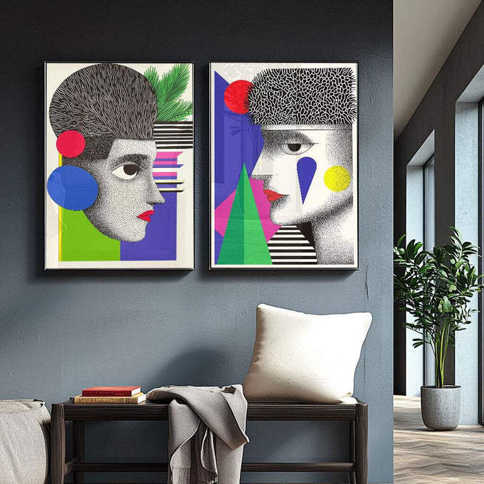 Quadro Decorativo Abstrato Contemporâneo: Rostos e Geometria - quadros decorativos para sala 2 Telas, abstrato - em ambiente decorado