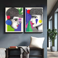 Dois rostos de perfil pop com pontilhado, cabelos texturizados e formas geométricas, quadro decorativo