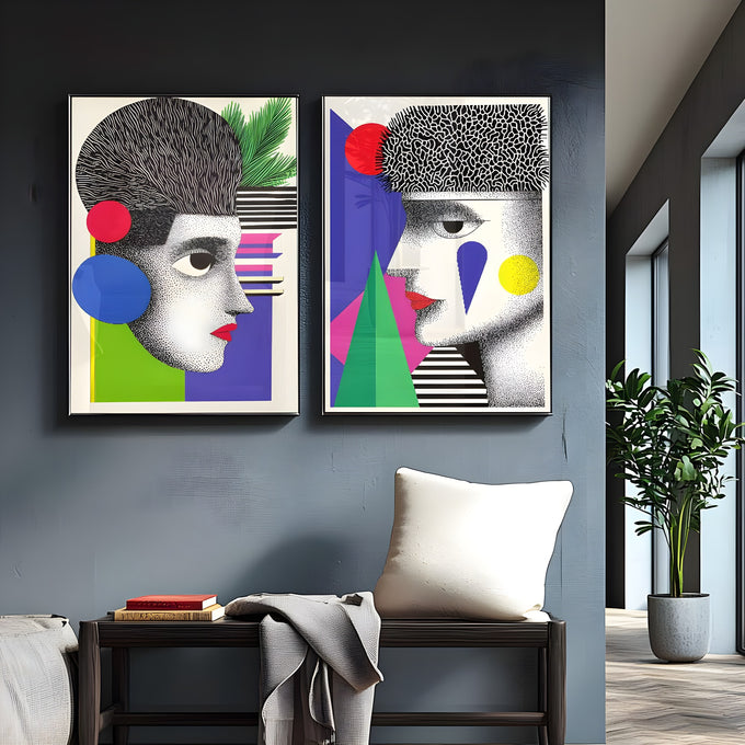 Dois rostos de perfil pop com pontilhado, cabelos texturizados e formas geométricas, quadro decorativo