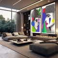 Quadro Decorativo Abstrato Contemporâneo: Rostos e Geometria - quadros decorativos para sala 2 Telas, abstrato - em quarto contemporaneo