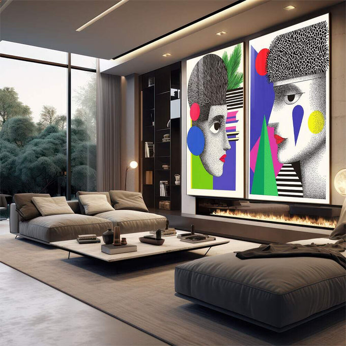 Quadro Decorativo Abstrato Contemporâneo: Rostos e Geometria - quadros decorativos para sala 2 Telas, abstrato - em quarto contemporaneo