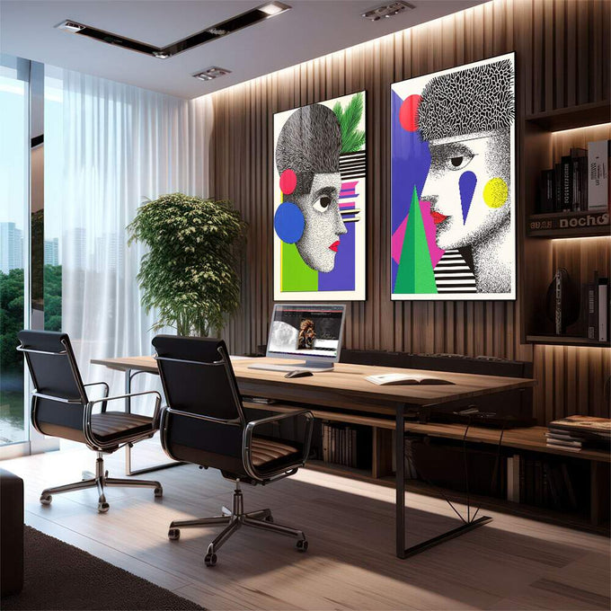 Quadro Decorativo Abstrato Contemporâneo: Rostos e Geometria - quadros decorativos para sala 2 Telas, abstrato - em living room premium