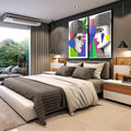 Quadro Decorativo Abstrato Contemporâneo: Rostos e Geometria - quadros decorativos 2 Telas, abstrato - em sala moderna