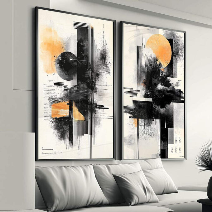 Quadro Decorativo Moderno Abstrato: Sol e Texturas - quadros decorativos para sala 2 Telas, abstrato - em ambiente decorado