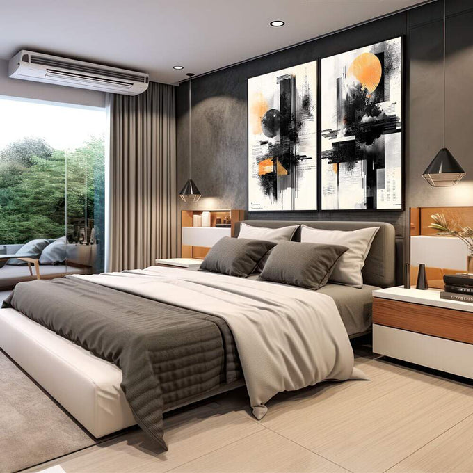 Quadro Decorativo Moderno Abstrato: Sol e Texturas - quadros decorativos para sala 2 Telas, abstrato - em living room premium