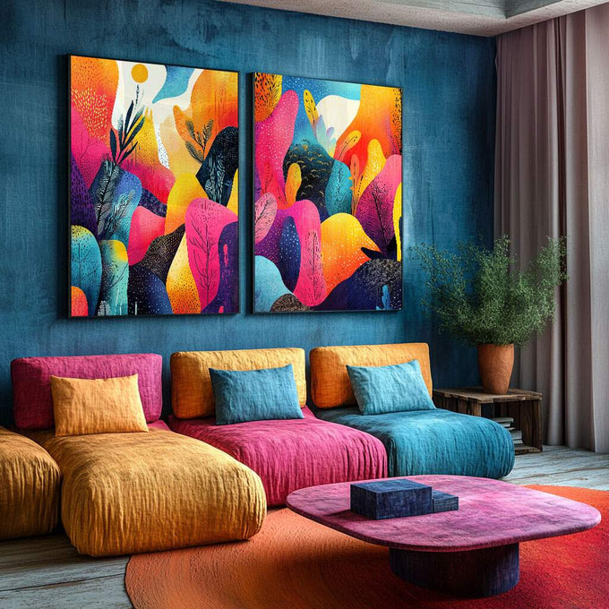 Quadro Decorativo Abstrato Vibrante: Paisagens que Encantam - quadros decorativos para sala 2 Telas, Abstratos e Geométricos - em ambiente decorado