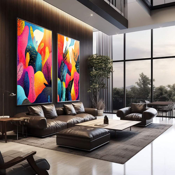 Quadro Decorativo Abstrato Vibrante: Paisagens que Encantam - quadros decorativos para sala 2 Telas, Abstratos e Geométricos - em quarto contemporaneo