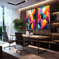 Quadro Decorativo Abstrato Vibrante: Paisagens que Encantam - quadros decorativos 2 Telas, Abstratos e Geométricos - em escritorio elegante