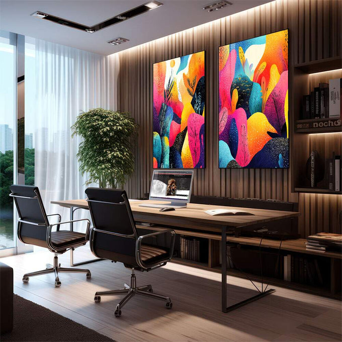 Quadro Decorativo Abstrato Vibrante: Paisagens que Encantam - quadros decorativos 2 Telas, Abstratos e Geométricos - em escritorio elegante