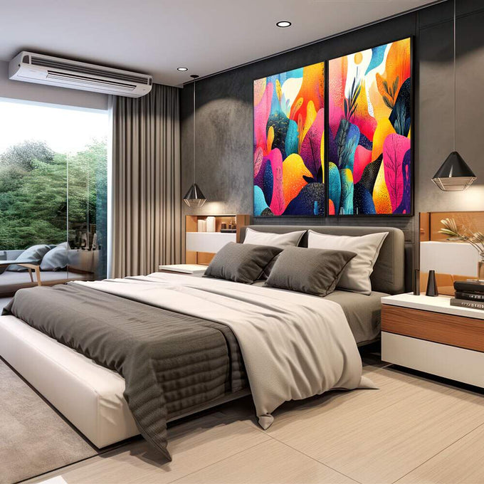 Quadro Decorativo Abstrato Vibrante: Paisagens que Encantam - quadros decorativos para sala 2 Telas, Abstratos e Geométricos - em living room premium