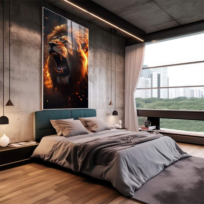 Quadro Decorativo Poderoso Leão da Ira - quadros decorativos 1 Tela Vertical, 3 Telas - em sala moderna