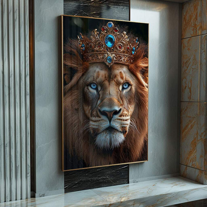 Quadro Decorativo Leão: A Majestade da Coroa de Rei - quadros decorativos para sala 1 Tela Vertical, 3 Telas - em ambiente decorado