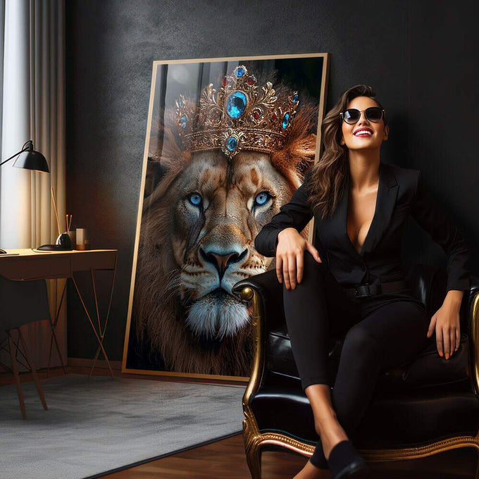 Quadro Decorativo Leão: A Majestade da Coroa de Rei - quadros decorativos 1 Tela Vertical, 3 Telas - em escritorio elegante