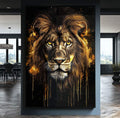 Quadro Decorativo Leão com Detalhes Dourados - quadros decorativos para sala 1 Tela Vertical, 3 Telas - em ambiente decorado