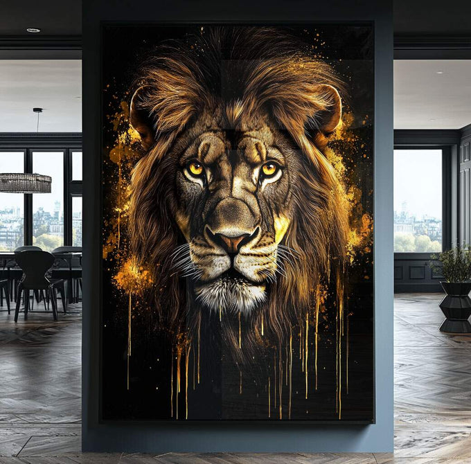 Quadro Decorativo Leão com Detalhes Dourados - quadros decorativos para sala 1 Tela Vertical, 3 Telas - em ambiente decorado