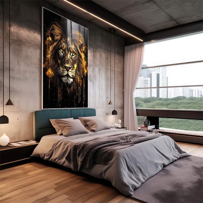 Quadro Decorativo Leão com Detalhes Dourados - quadros decorativos 1 Tela Vertical, 3 Telas - em sala moderna