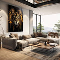 Quadro Decorativo Leão com Detalhes Dourados - quadros decorativos 1 Tela Vertical, 3 Telas - em escritorio elegante