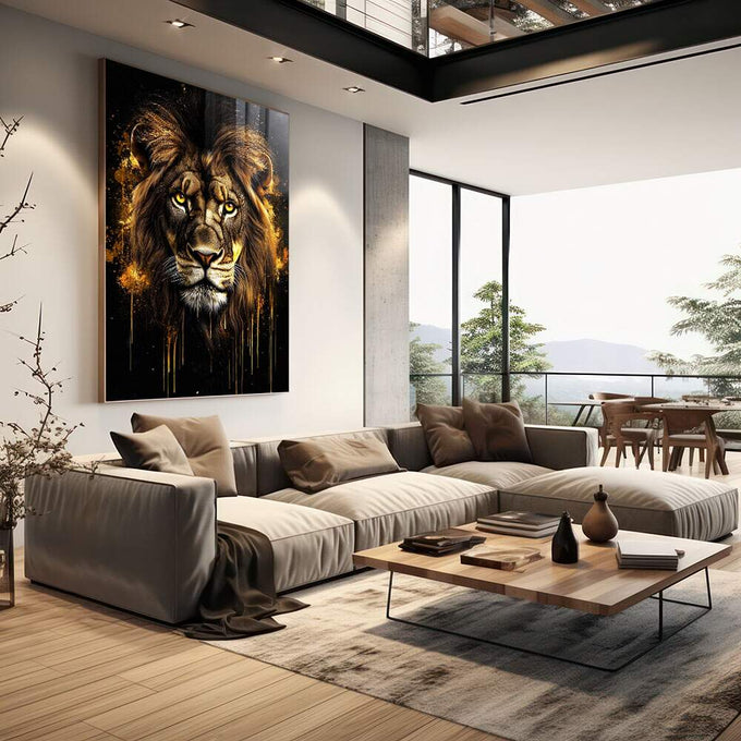 Quadro Decorativo Leão com Detalhes Dourados - quadros decorativos 1 Tela Vertical, 3 Telas - em escritorio elegante