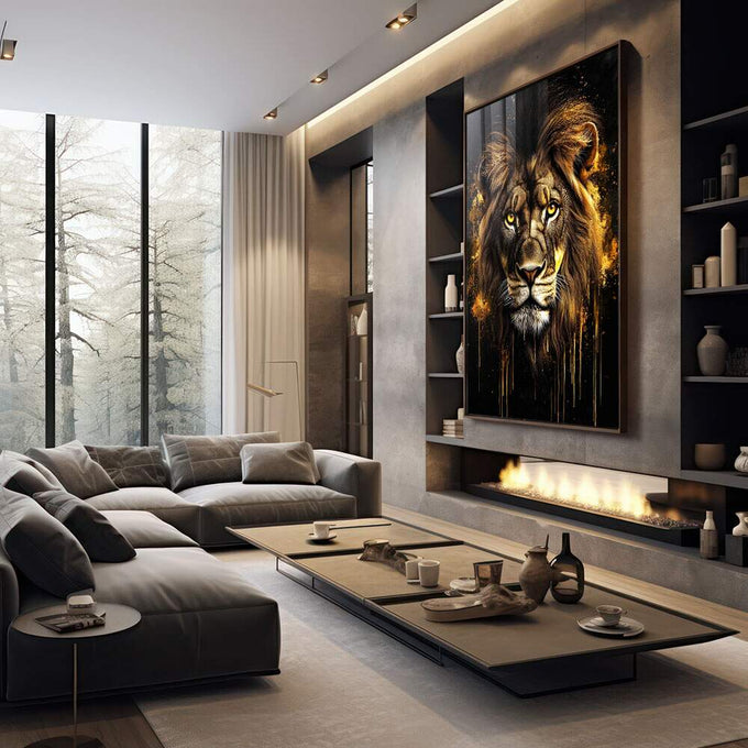 Quadro Decorativo Leão com Detalhes Dourados - quadros decorativos para sala 1 Tela Vertical, 3 Telas - em living room premium