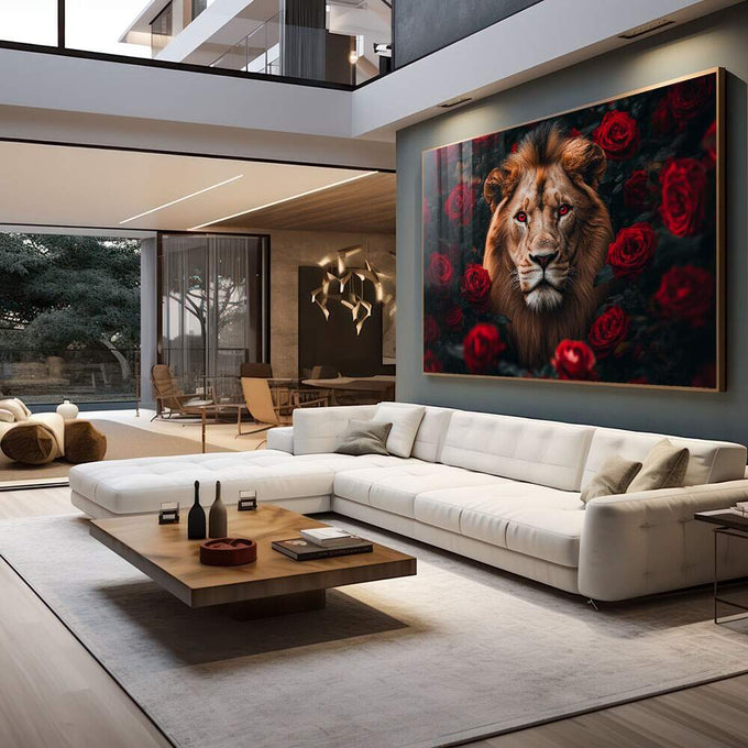 Quadro Decorativo Leão Florido - Arte para Inspirar Seu Ambiente - quadros decorativos para sala 1 Tela, 1 Tela Horizontal - em quarto contemporaneo
