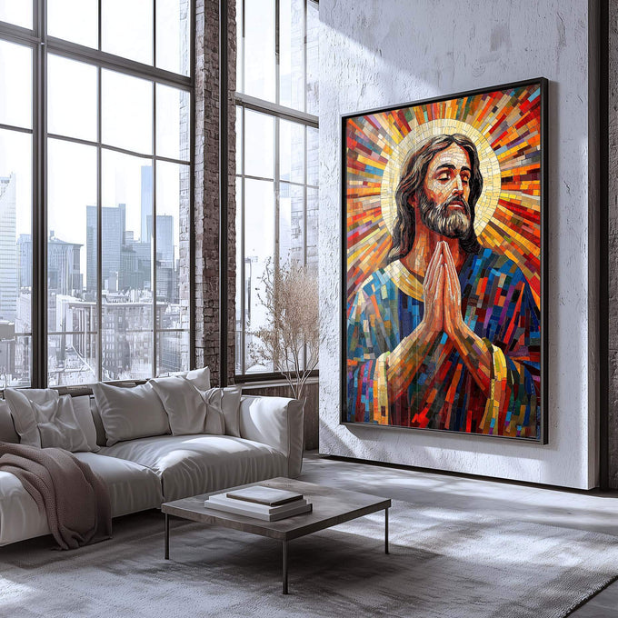 Quadro Decorativo São José em Abstração - quadros decorativos para sala 1 Tela Vertical, 3 Telas - em ambiente decorado
