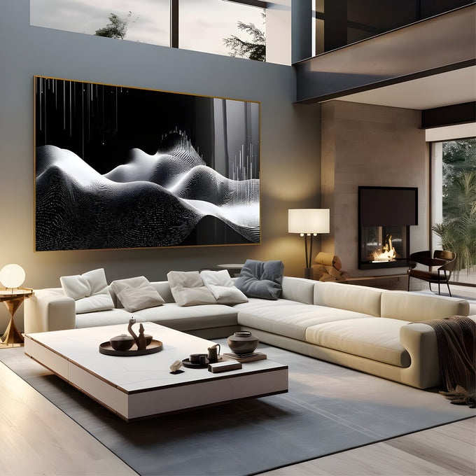 Montanhas abstratas em linhas brancas pontilhadas sobre fundo preto, quadro decorativo